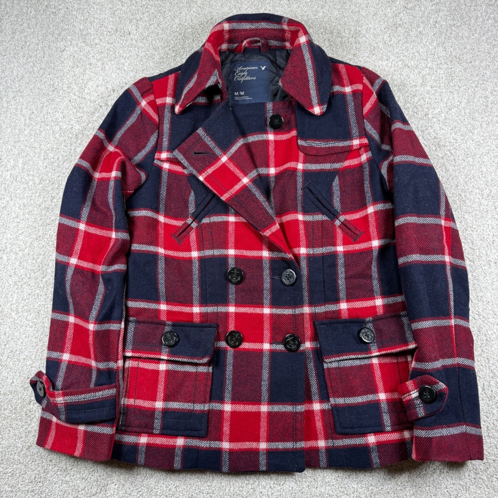 American Eagle Pea Coat Women M Red Navy Blue Plaid Wool Blend Anchor Button